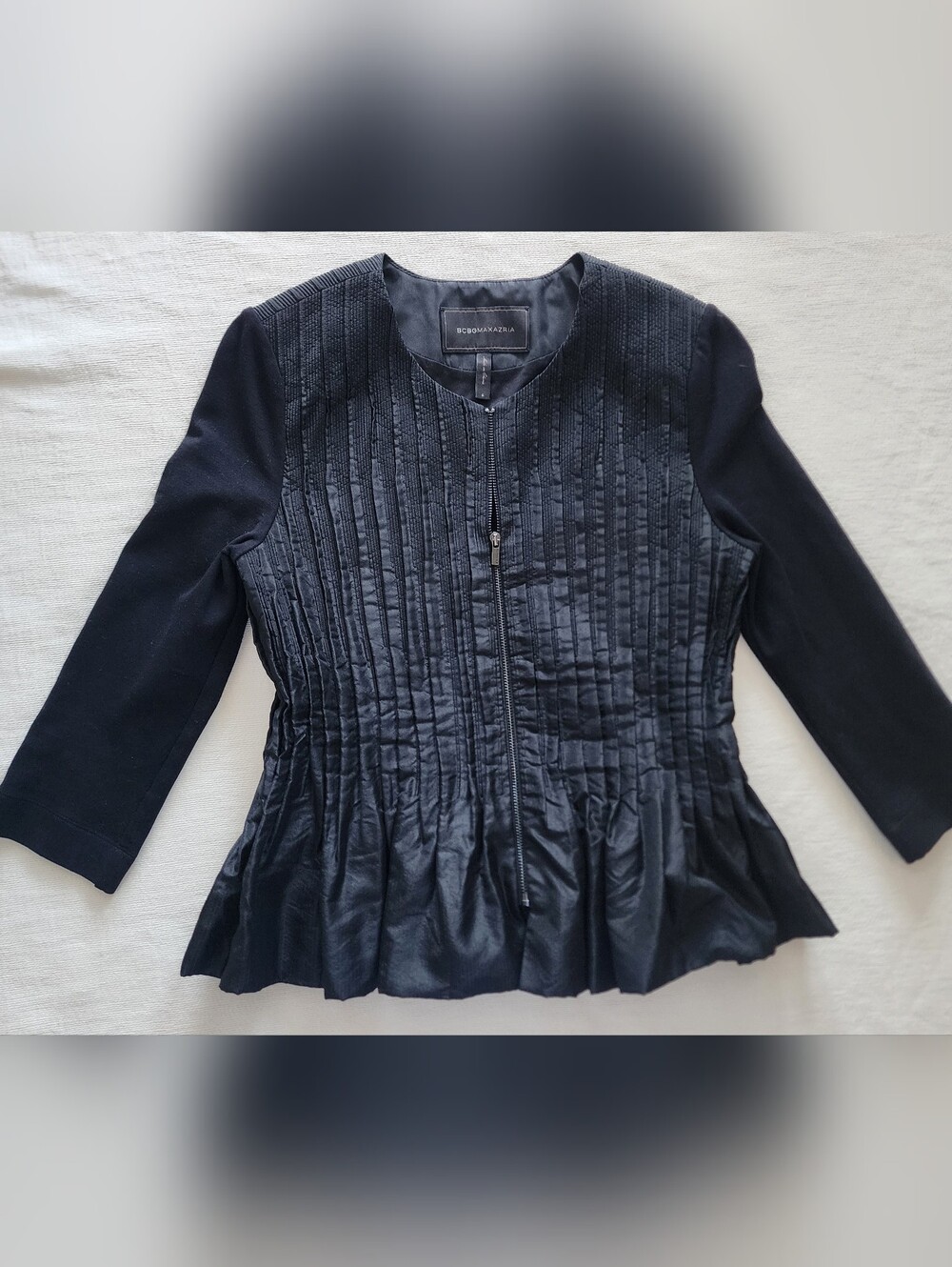 BCBGMAXAZRIA Black Mixed Media Pleated Peplum Zip-Up Jacket - Size S